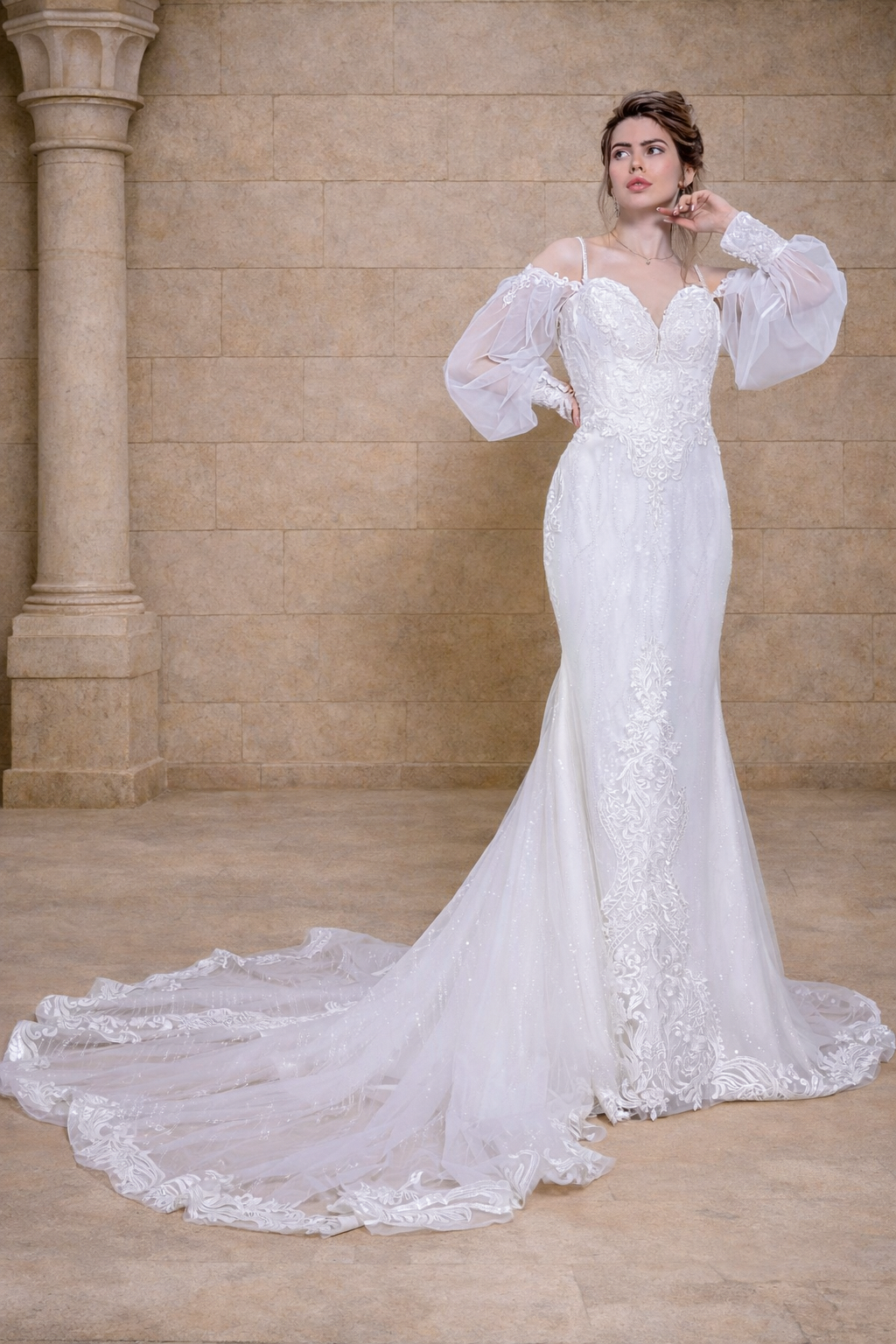 Brautkleid 14184 figurbetont Glitzertüll Vorderansicht