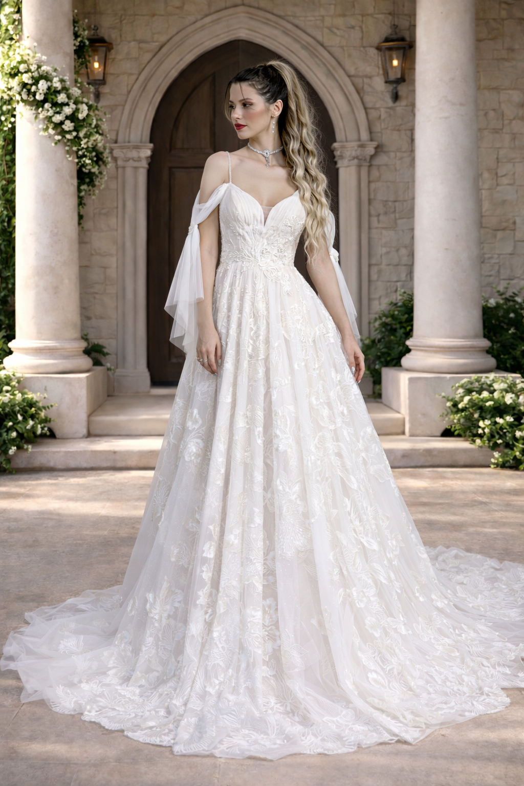 Präziser Stoffzuschnitt in der Schantal Brautkleid-Produktion für Händler