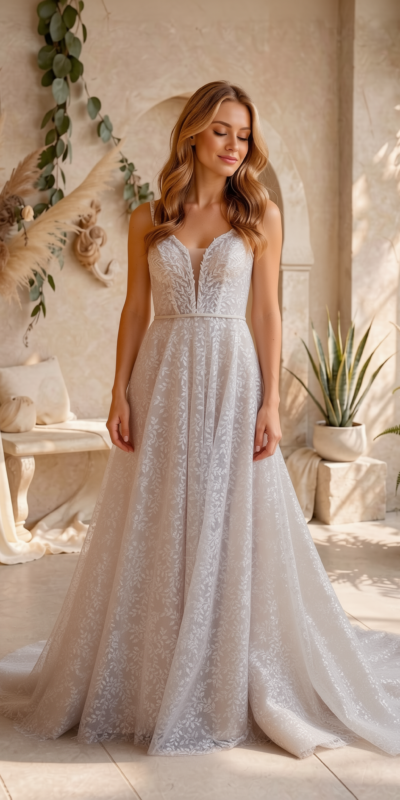 Luxuriöses Brautkleid aus Glitzer-Spitze mit V-Ausschnitt Vorderansicht