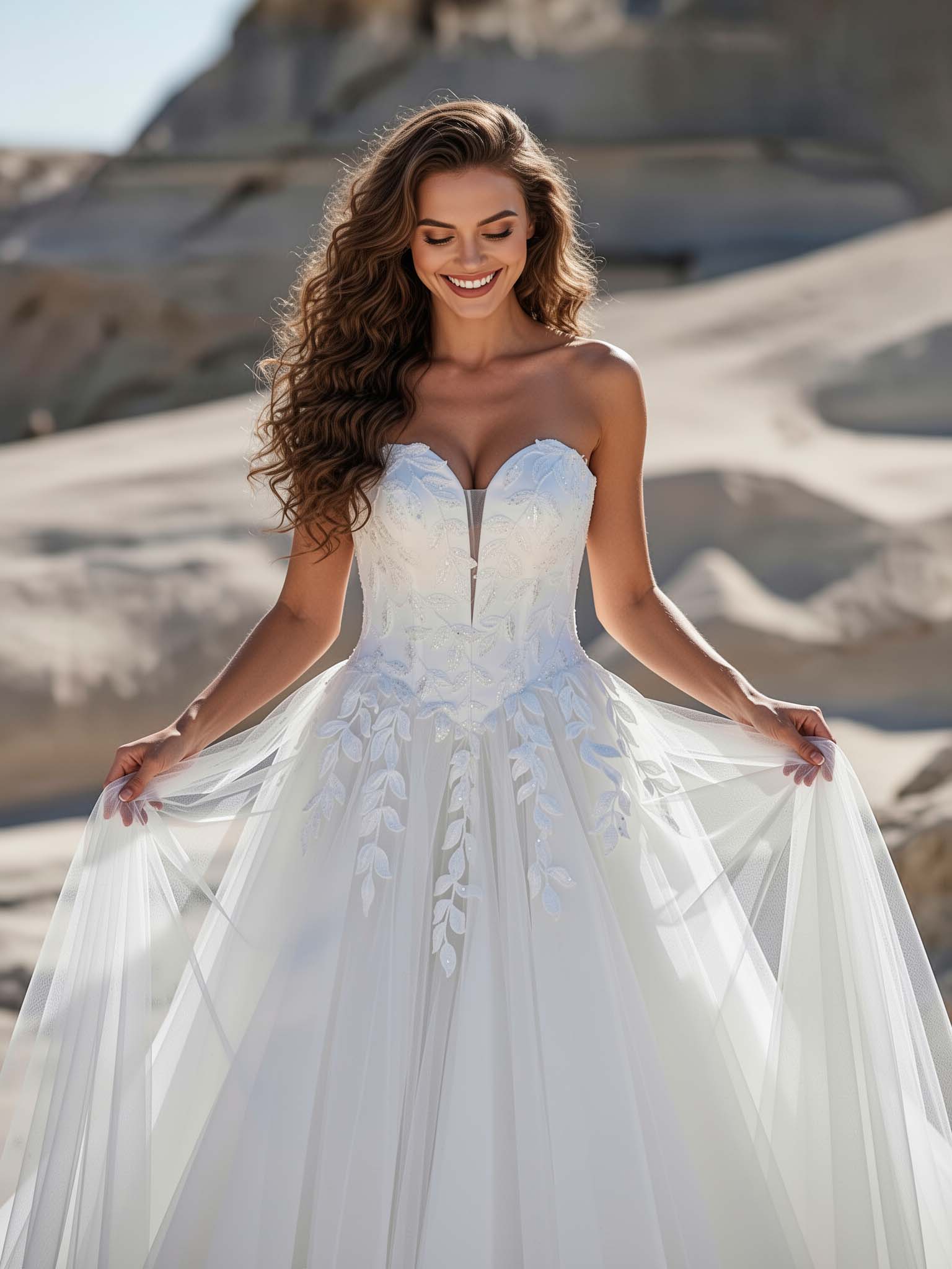 Brautkleid 42096 Sweetheart Tüll Corsagen-Rücken Blattstickerei Dreiviertelansicht