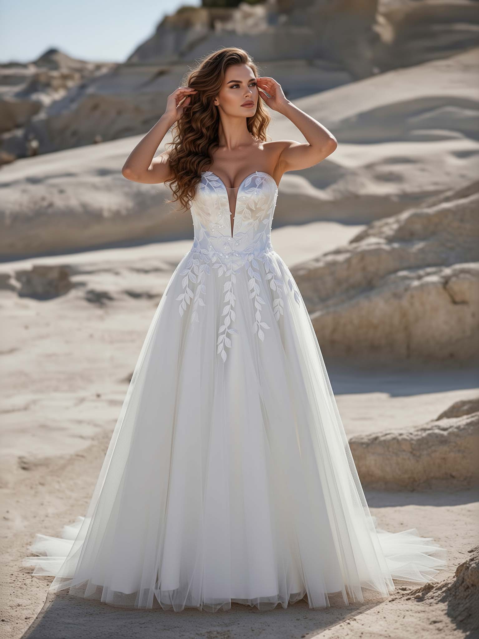 Brautkleid 42096 Sweetheart-Ausschnitt Keyhole-Schlitz Tüllrock Blattstickerei Frontansicht