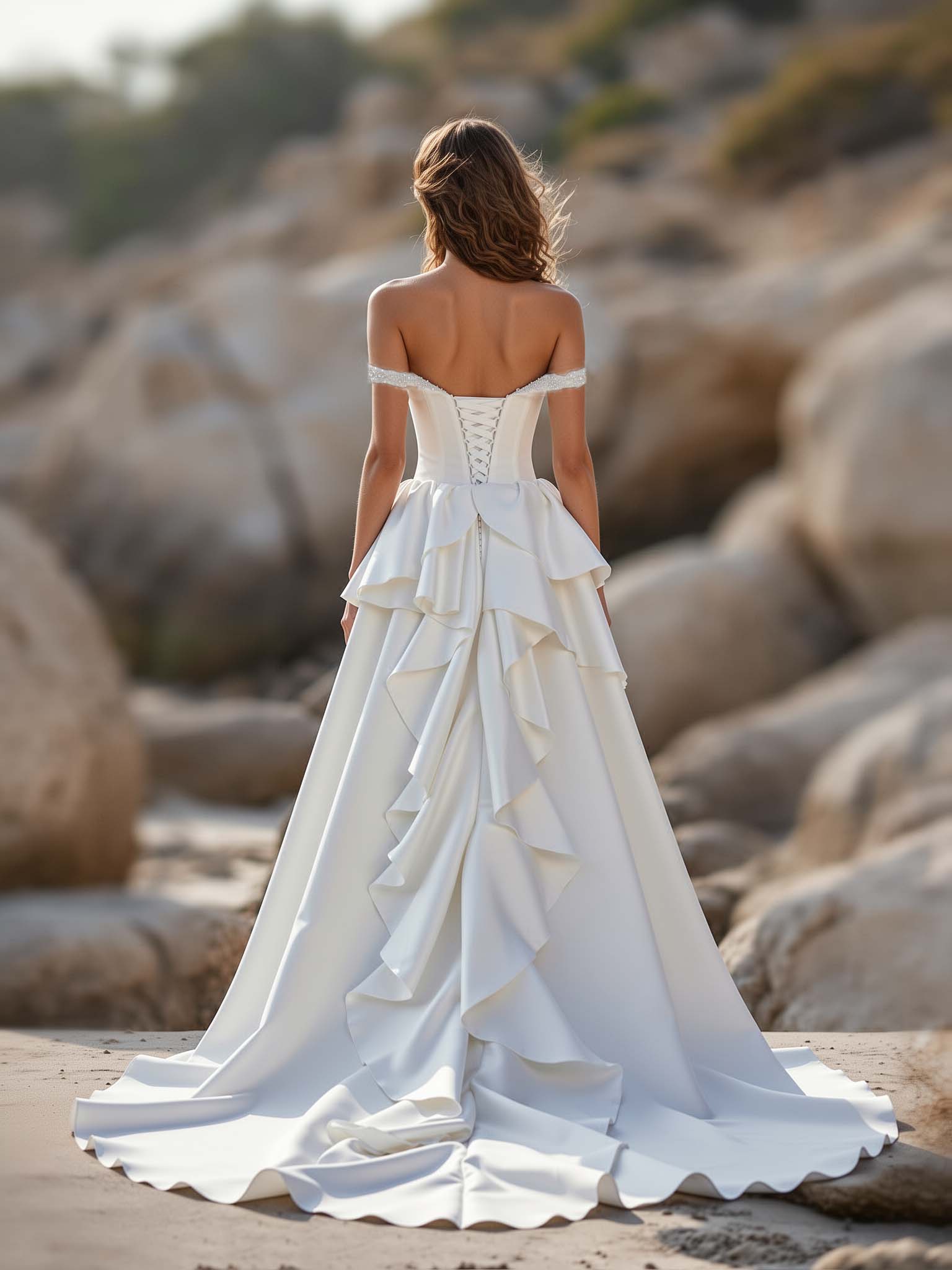 Brautkleid 42114 Satin Off-Shoulder Corsagen-Schnürung Rüschen Katedral-Schleif Rückansicht