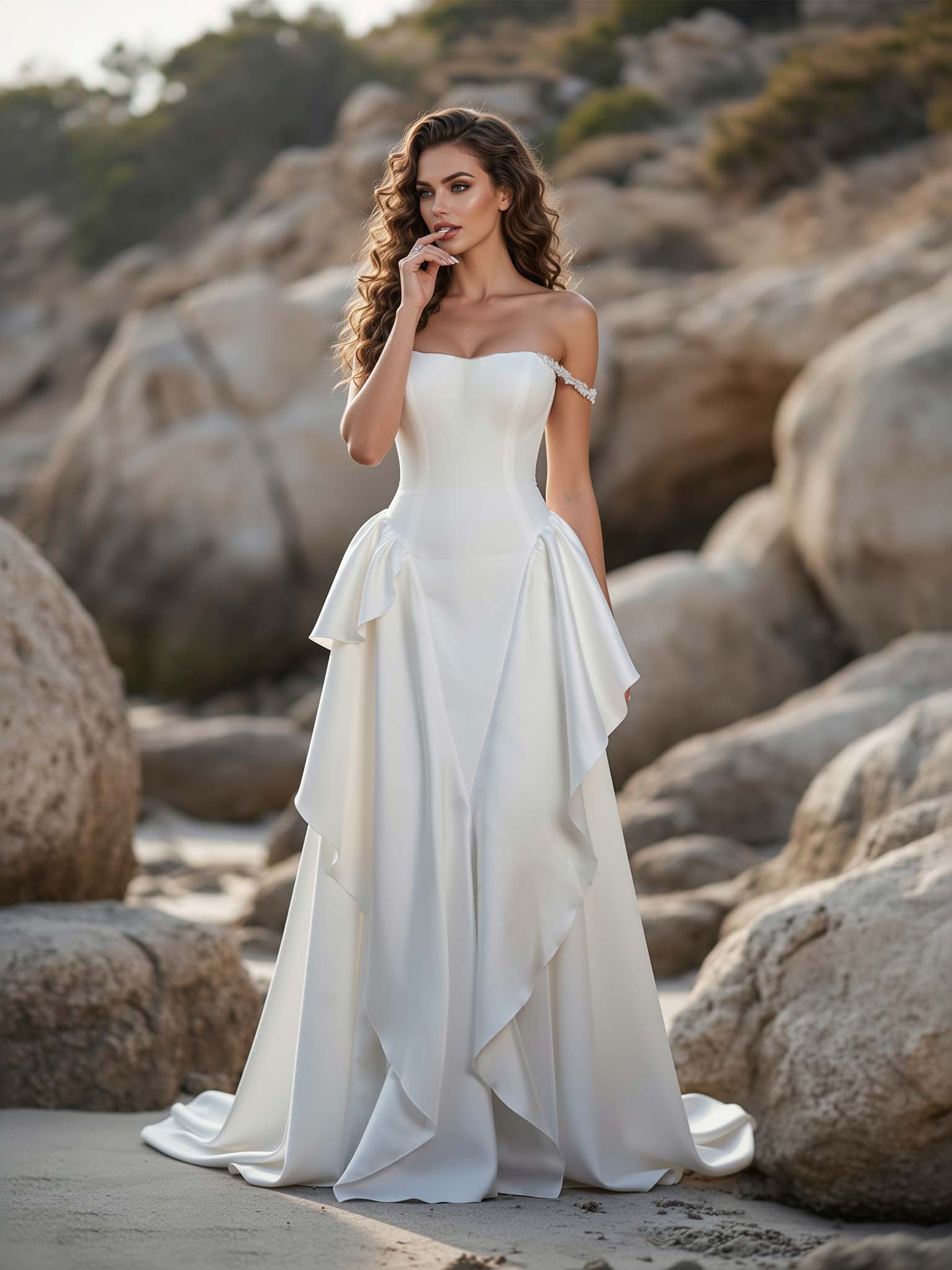 Brautkleid 42114 Satin A-Linie Off-Shoulder Rüschenpanels Katedral-Schleif Frontansicht